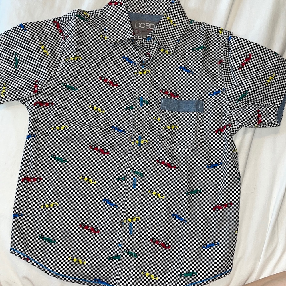 Boys 4 checkered race car button down shirt
